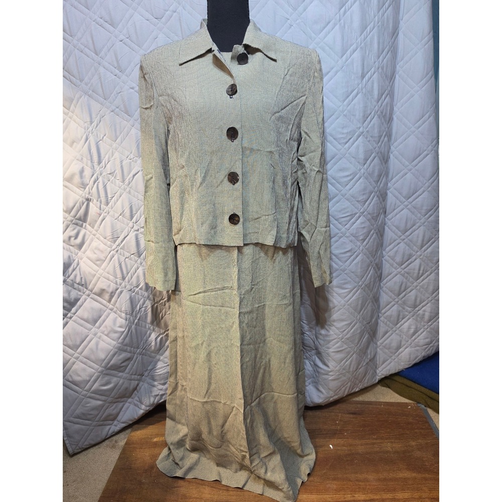 Vintage Women Neutral Micro Check Maxi Dress and Button Up Jacket 2 Piece Set